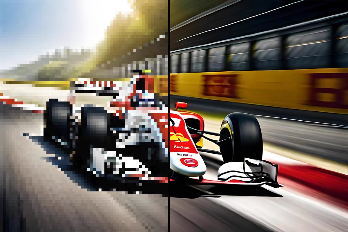 Race car image split into a pixelated low-quality half and a sharp high-quality half