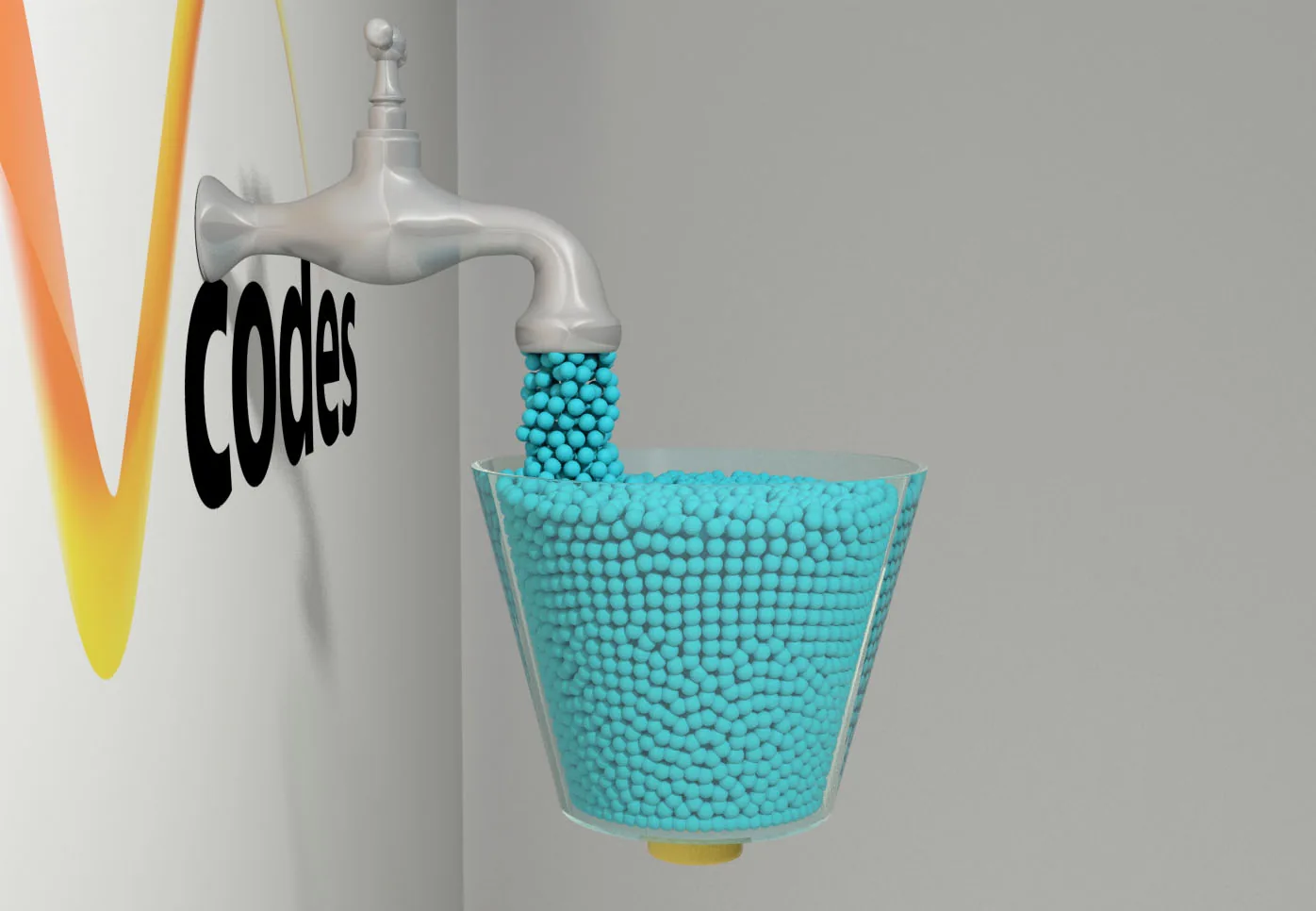 Tap filling a glass with beads next to the Vcodes logo, illustrating a video buffer