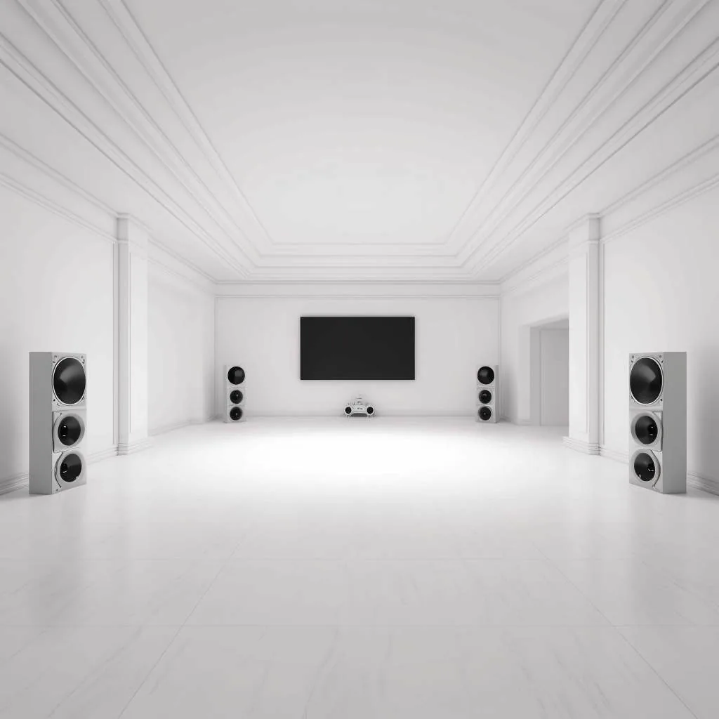 Empty white room with a TV and surround sound speakers