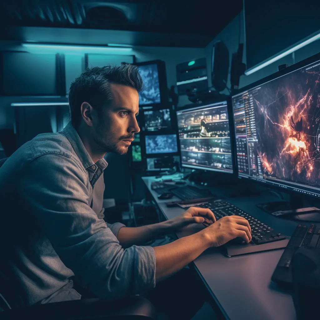 Video engineer working at a multi-monitor editing workstation