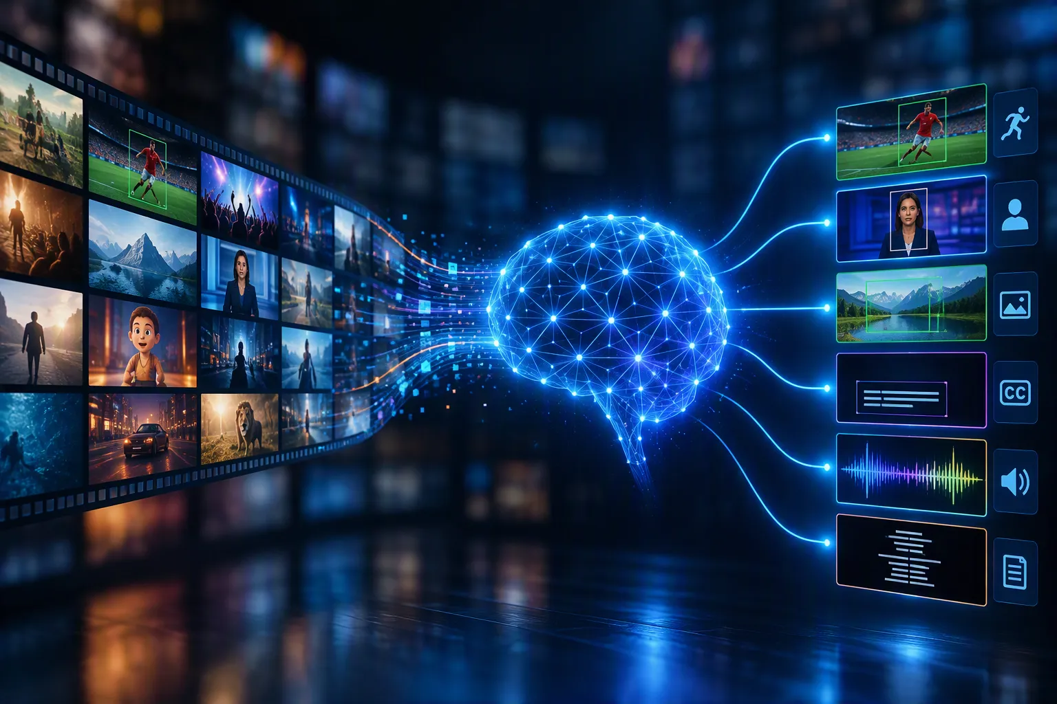 A wall of TV and film frames flowing into a neural network, which outputs detected players, faces, scenes, subtitles, audio and text