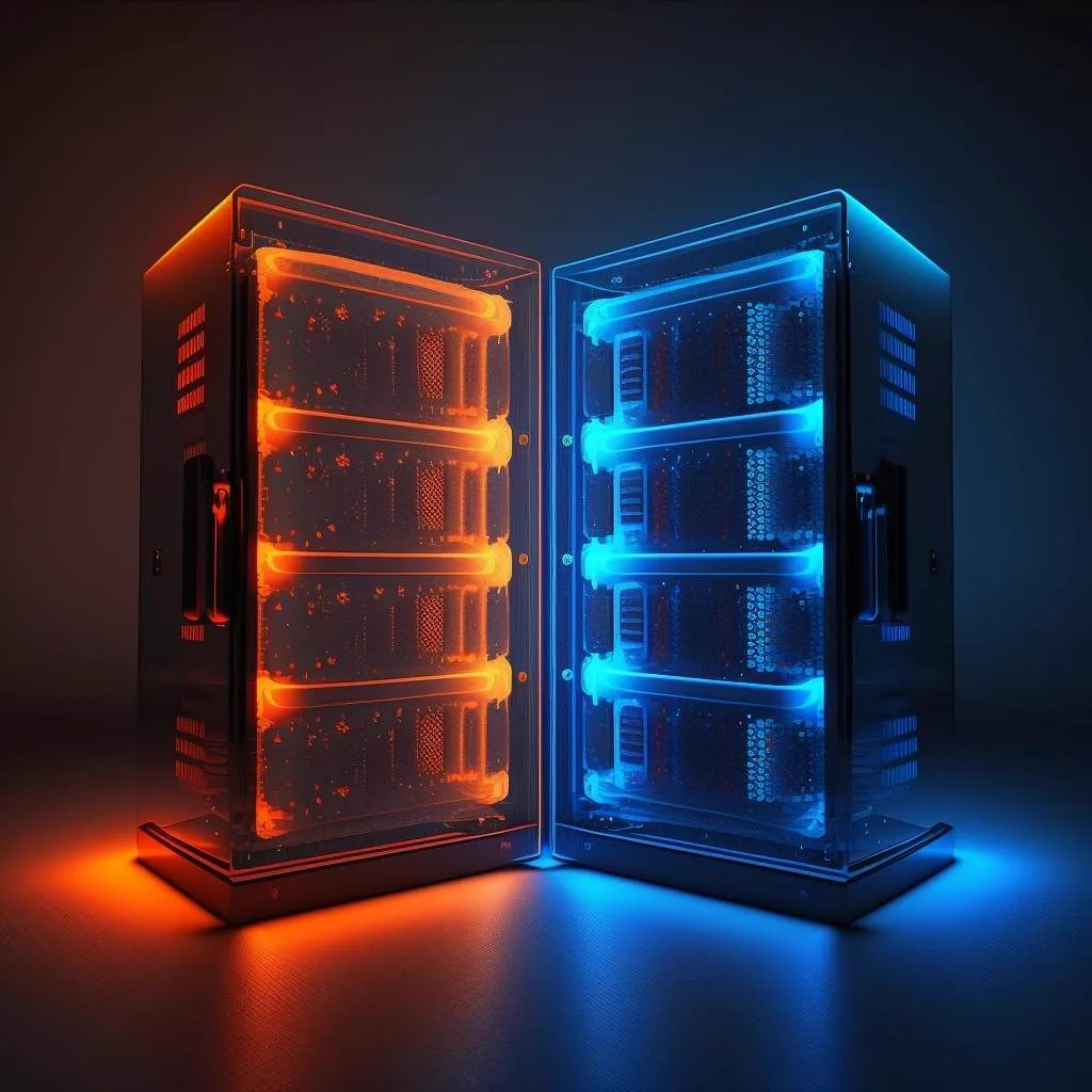Two server towers side by side, one glowing orange and one glowing blue