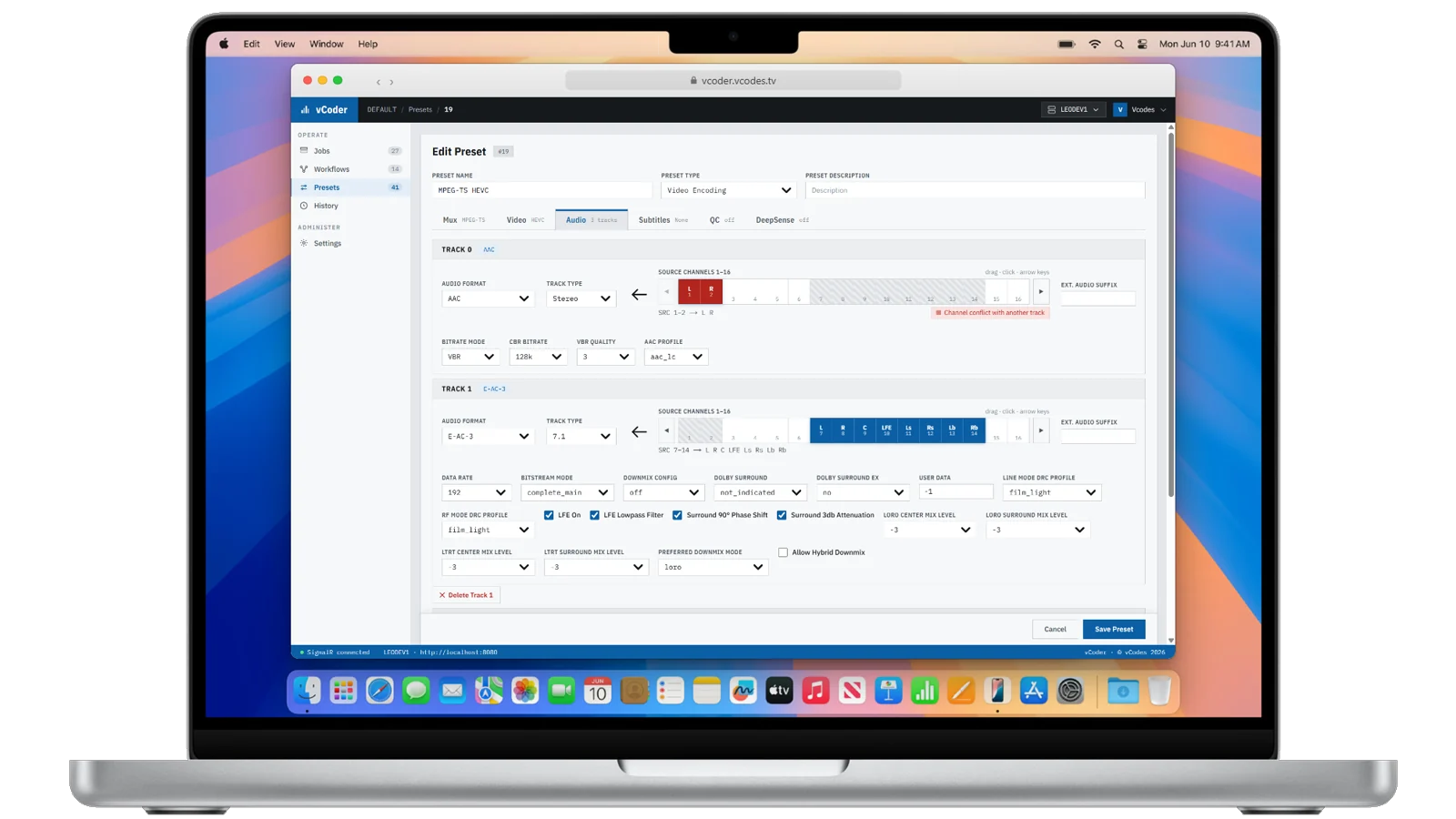 vCoder preset editor showing audio track configuration